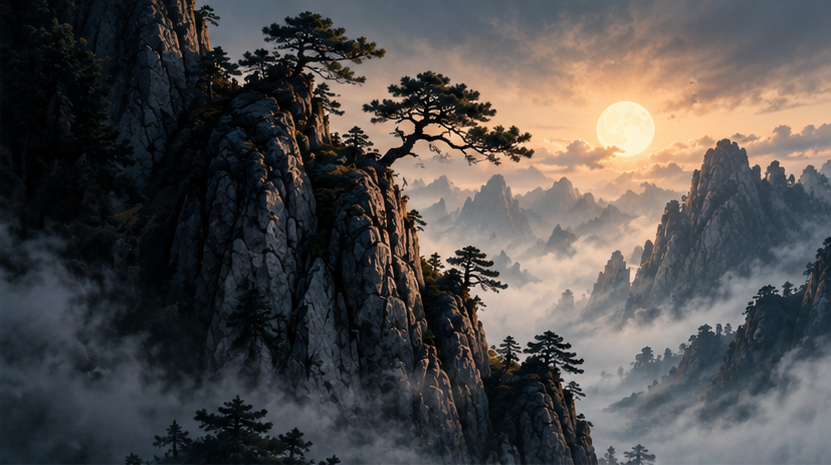 云雾群山之间,松树扎根崖壁