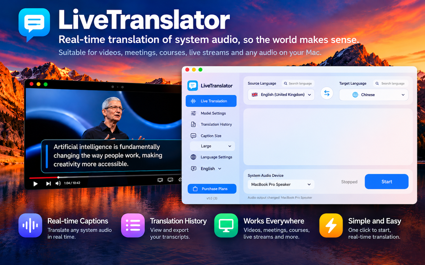 LiveTranslator 英文界面与悬浮字幕示例